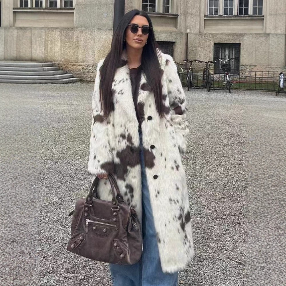 Faux Fur Coat Cow Point Printing Fox Fur Coat Extended Winter Environmental Protection Fur Coat
