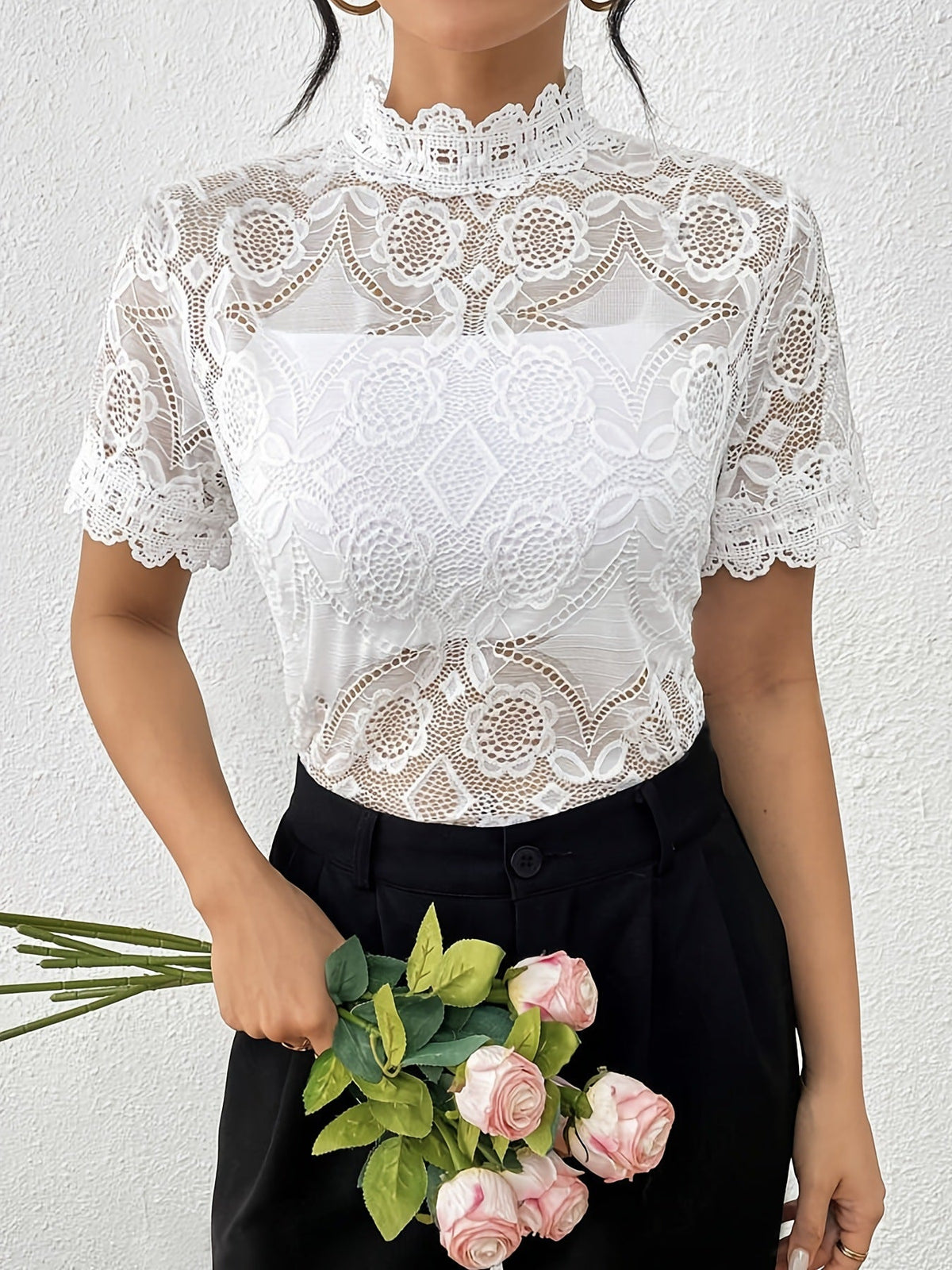 Elegant Solid Color Small Stand Collar Lace Stitching Lace Short Sleeve T shirt Top Women Clothing