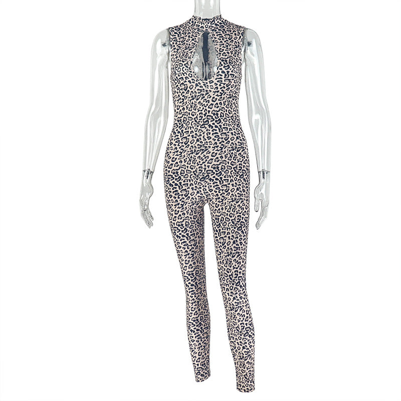 Niche Personality Women Printed Leopard Print Jumpsuit Hollow Out Cutout Slim Sheath Long Jumpsuit