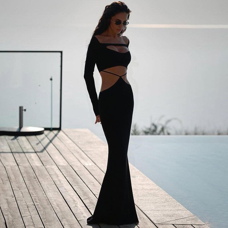 Fall Women Clothing Solid Color Sexy Cutout off Neck Slim Fit Long Sleeve Narrow Dress Women