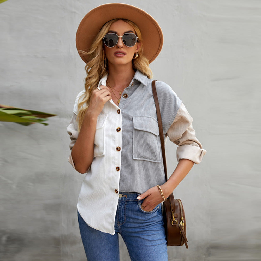 Color Block Stitching Autumn Shirt Women Loose Long Sleeve Single Breasted Shirt