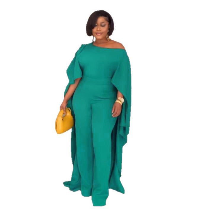 Solid Color Cloak Slant Shoulder Wide Leg Jumpsuit