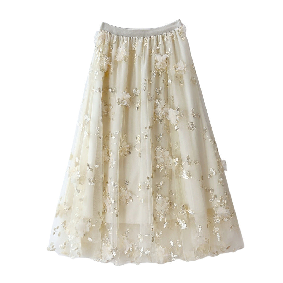 Mesh Embroidered Skirt Gentle Mid Length Skirt Three Dimensional Floral Heavy Work Gauze Skirt Fresh Fairy Dress