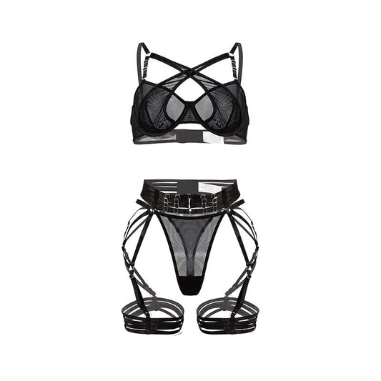 Women Sexy Underwear Push up Bras Mesh See through Sexy Lace up Metal Buckle Three Piece Set