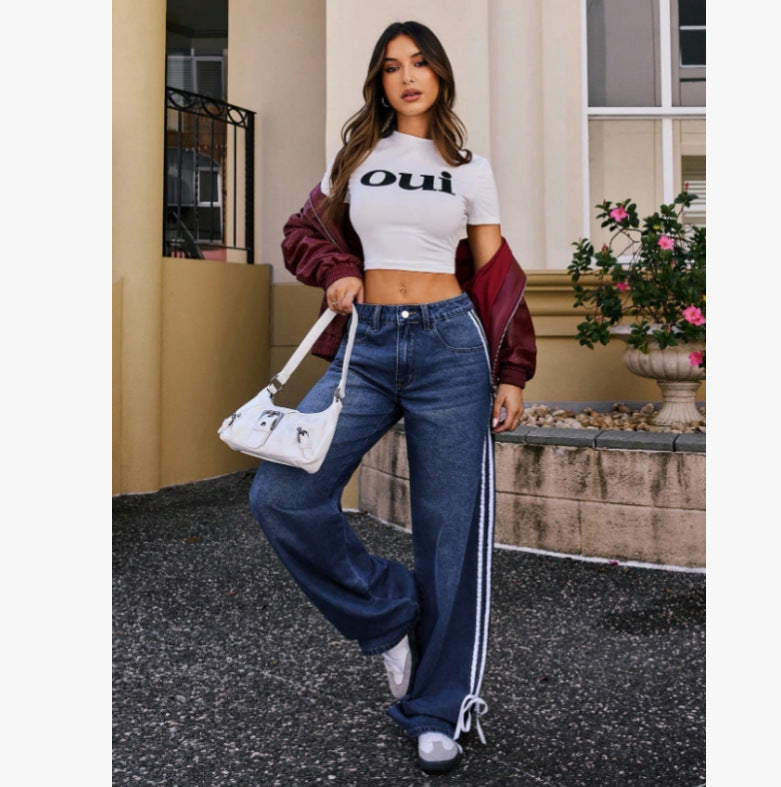 Wide Leg Blue Jeans White Striped Bow Pattern Domestic First Second Line Brand