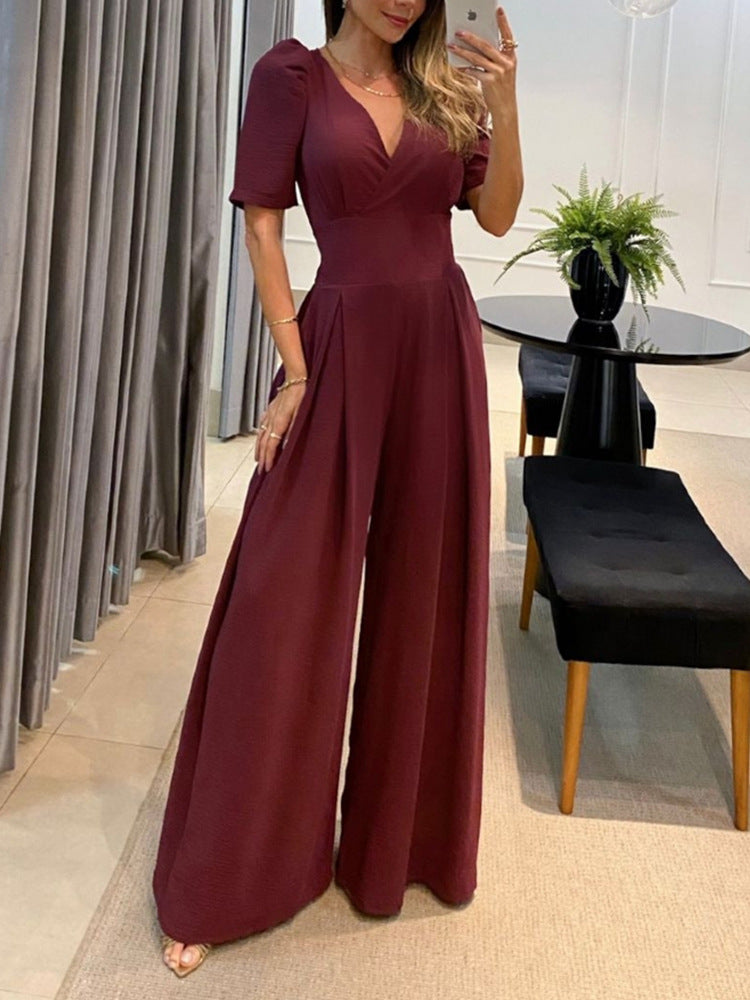 Women Clothing Summer Casual V Neck Lace Up High Waist Puff Short Sleeve Wide Leg Jumpsuit