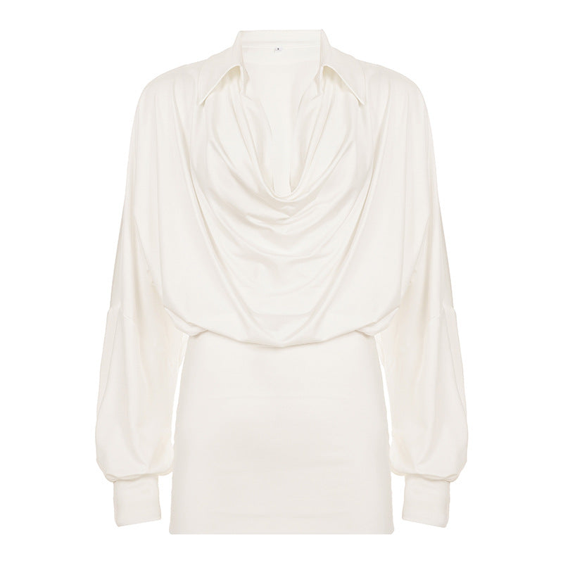 French Elegant Women Wear Solid Color Swing Collar Draping Dress Long Sleeve Waist Tight Hip