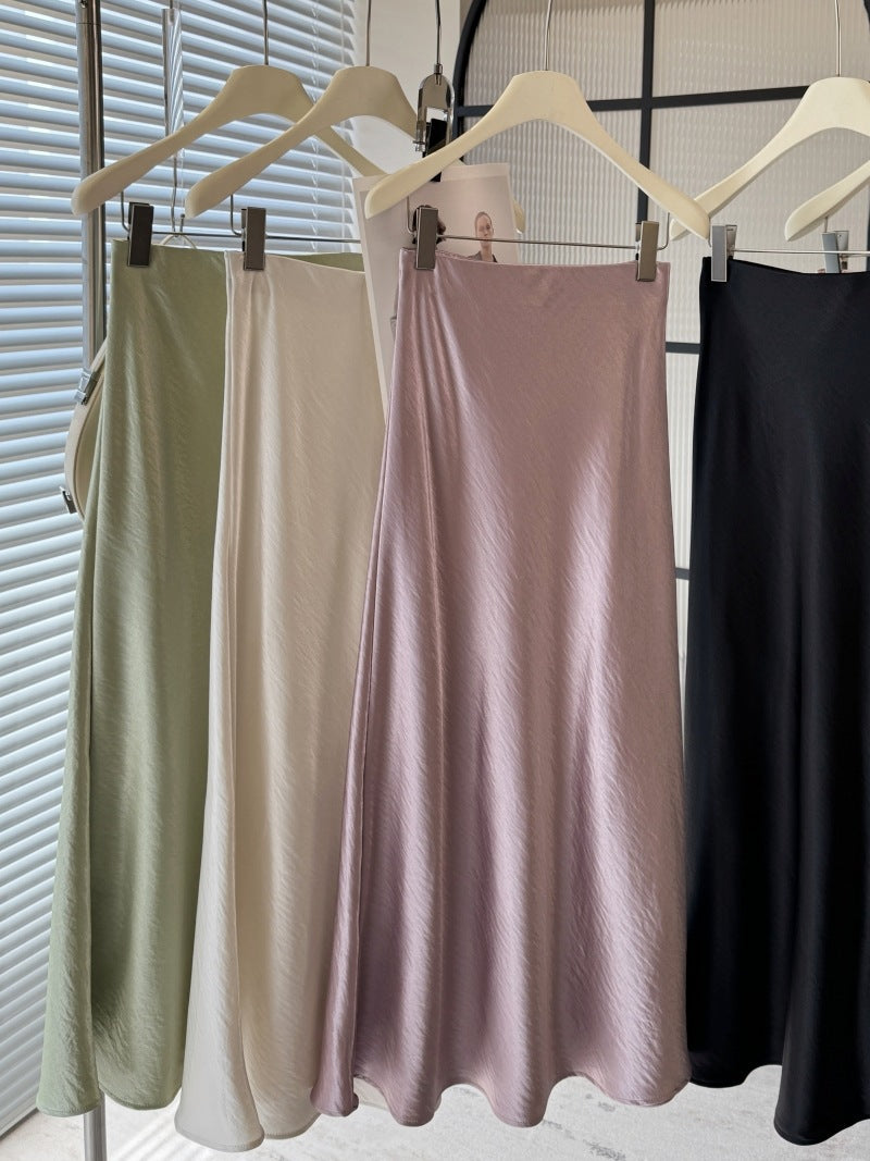 Acetate Satin Fishtail Skirt Women Simple Graceful Drooping Slimming Sheath A line Mid Length Skirt