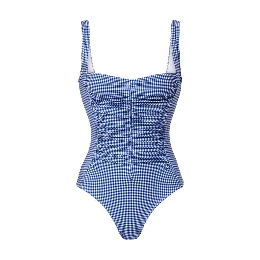 Korean Blue White Plaid Square Collar Pleating One Piece Swimsuit Women Two Piece Set Spring Vacation Swimsuit Set