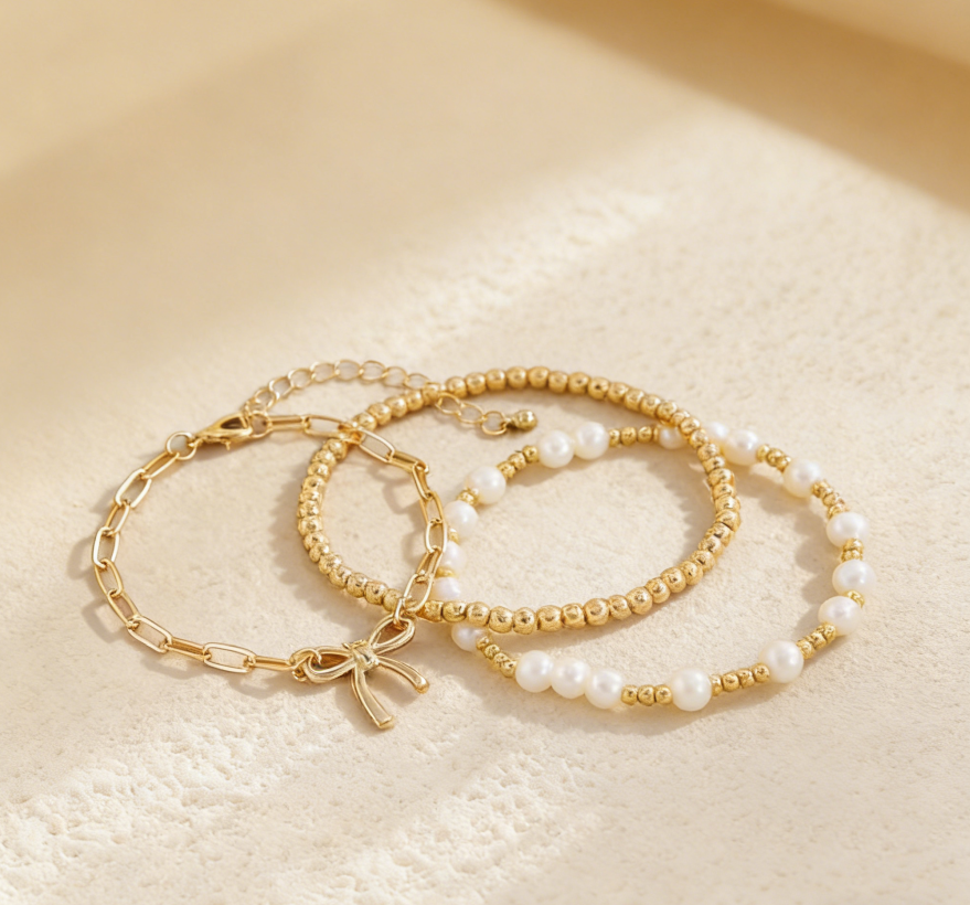 Minimalist Bow Pendant Bracelet with Pearl Accents