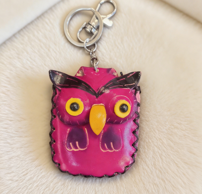 Handmade Owl Leather Access Card Holder Keychain