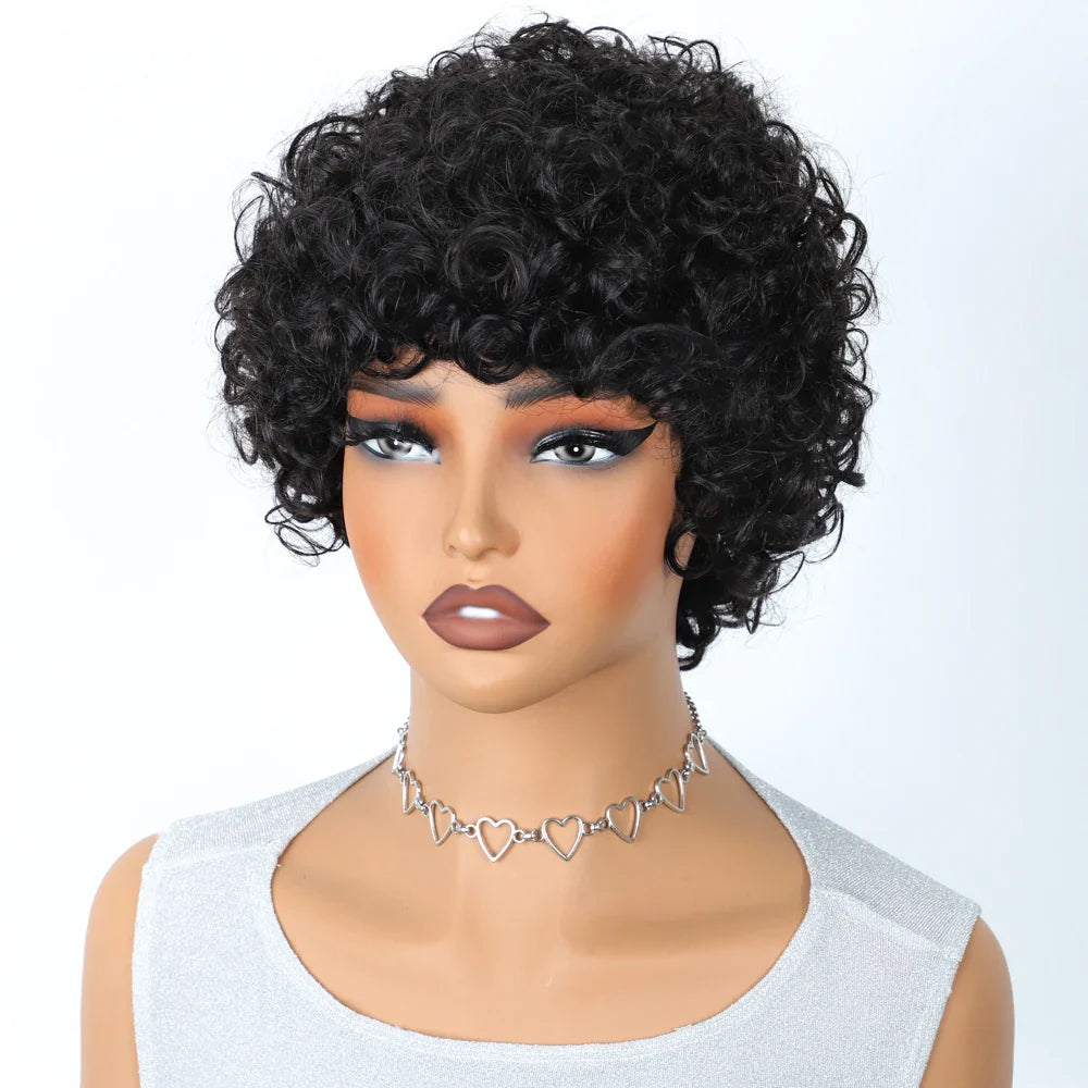 Malaysian Afro Kinky Curly Pixie Bob Wig with Bangs | Natural Brown & 99J Full Machine Made Remy Human Hair