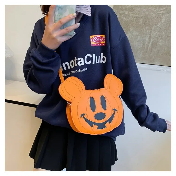 New Disney Mickey Halloween Pumpkin Creative Shoulder Bag | Funny Women's PU Crossbody Cartoon Bag (Personalized Niche Design)