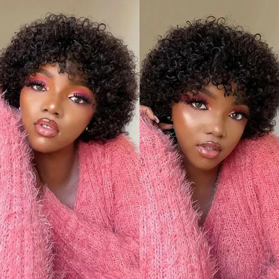 Brazilian Short Pixie Bob Afro Kinky Curly Wig with Bangs | Full Machine Made Human Hair (Natural Brown & 99J)