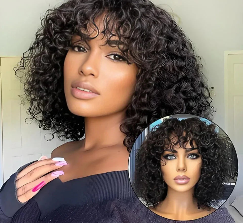 Brazilian Jerry Curly Human Hair Bob Wig with Bangs | Natural Highlight Honey Water Wave Kinky Curly Wigs for Women