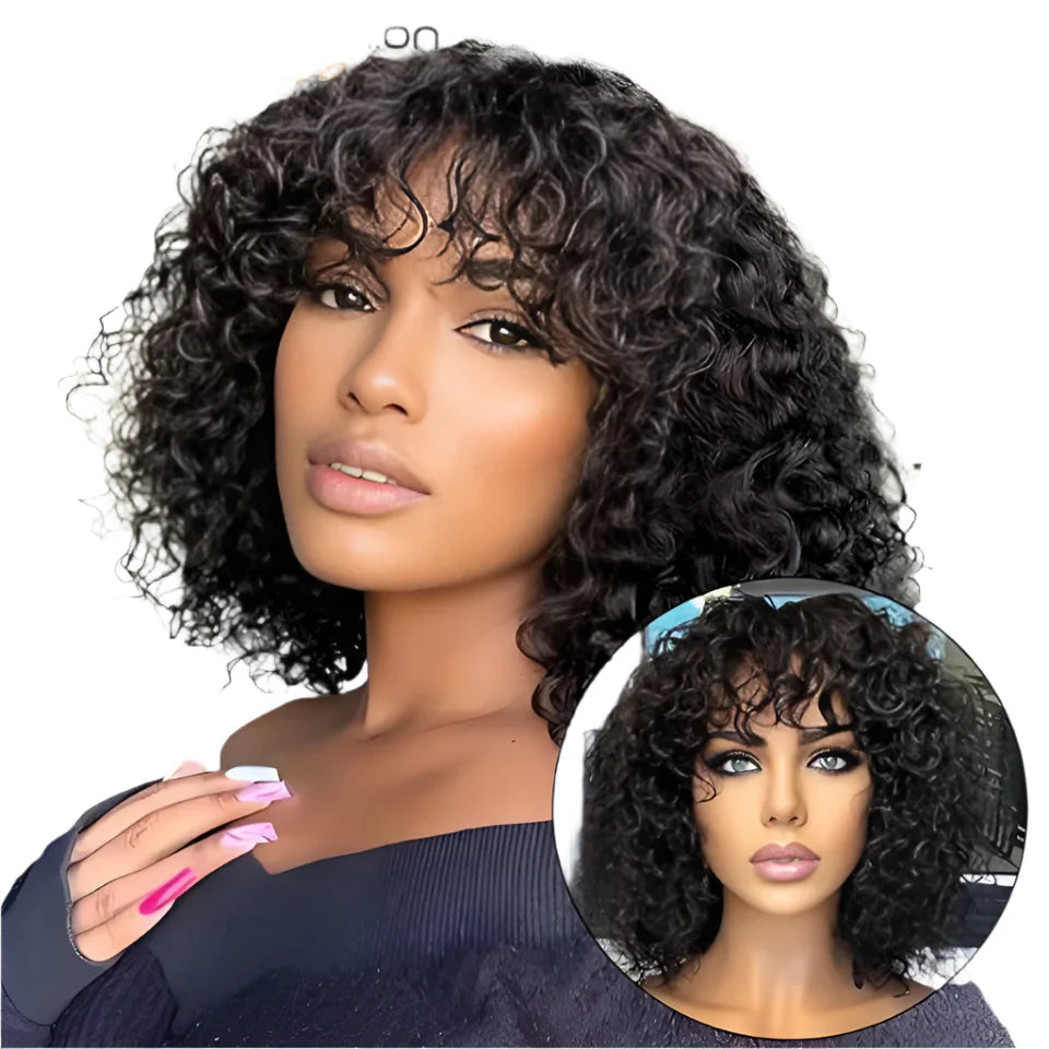Highlight Honey Blonde Jerry Curly Bob Wig with Bangs | Non-Lace Front Human Hair