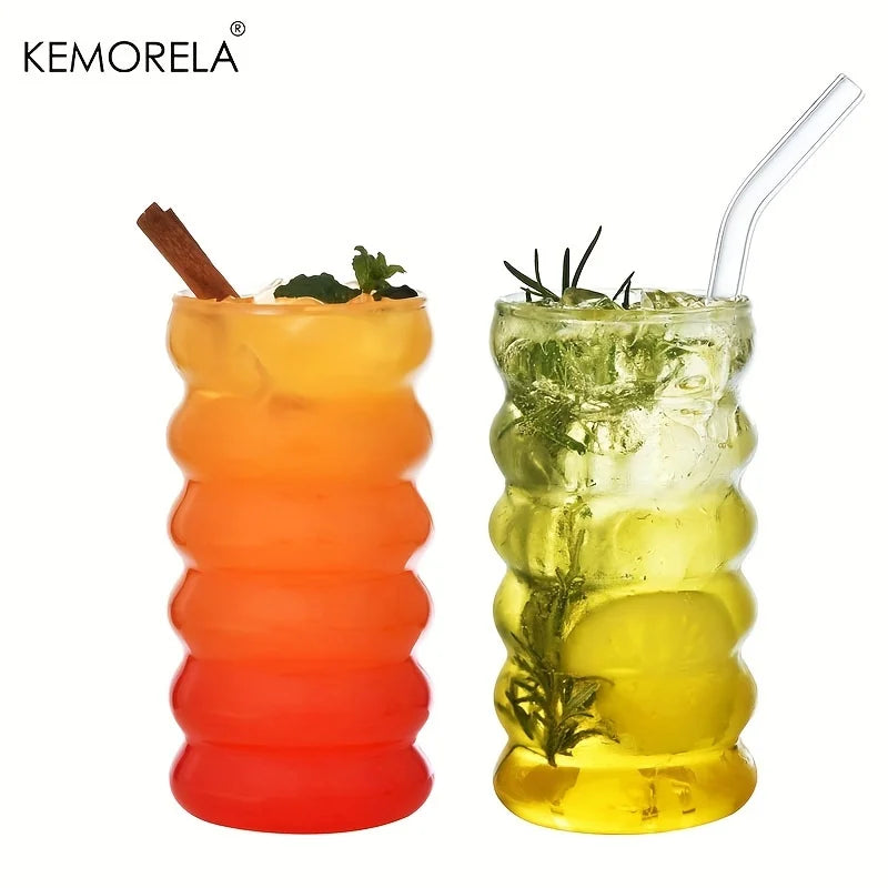 500ML 1/2/4PCS Wave Shape Beverage Glasses With Straws Vintage Glass Cups Ripple Drinking Glasses for Wine Champagne Cocktail