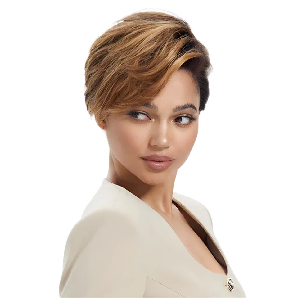 Natural Honey Color Pixie Bob Wig | Straight Human Hair with Bangs & Part Lace