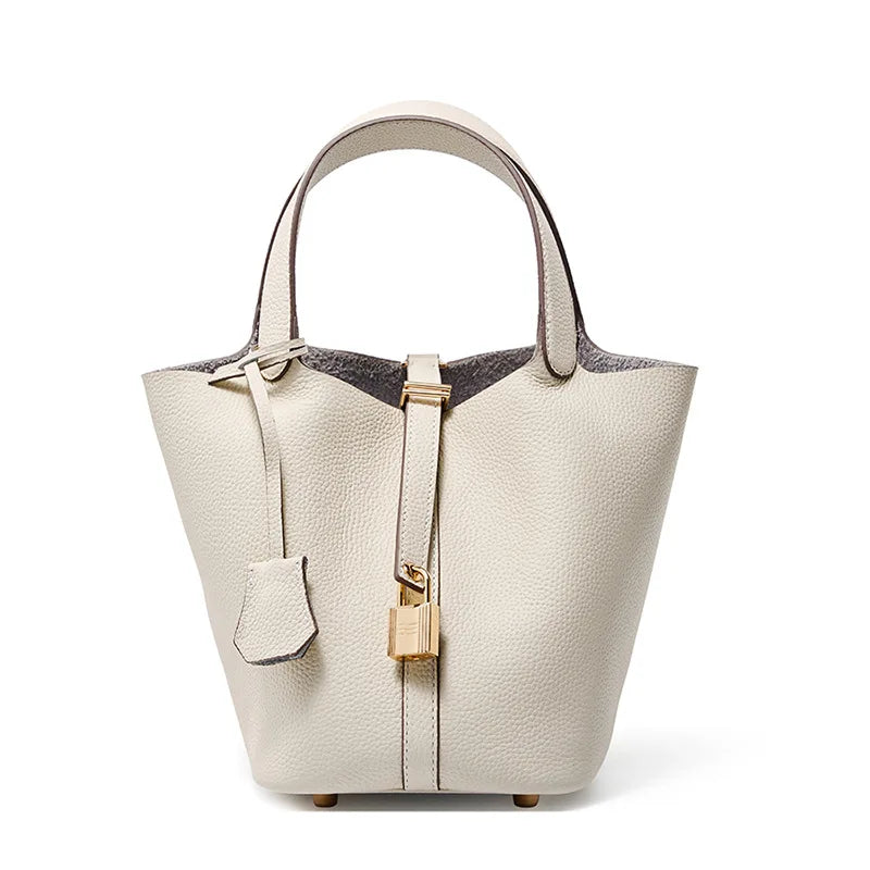 Stylish Bucket Shopping Tote Bag for Women | Soft PU Litchi Pattern Handbag with Lock & Small Horse Scarf (Classic, Versatile)