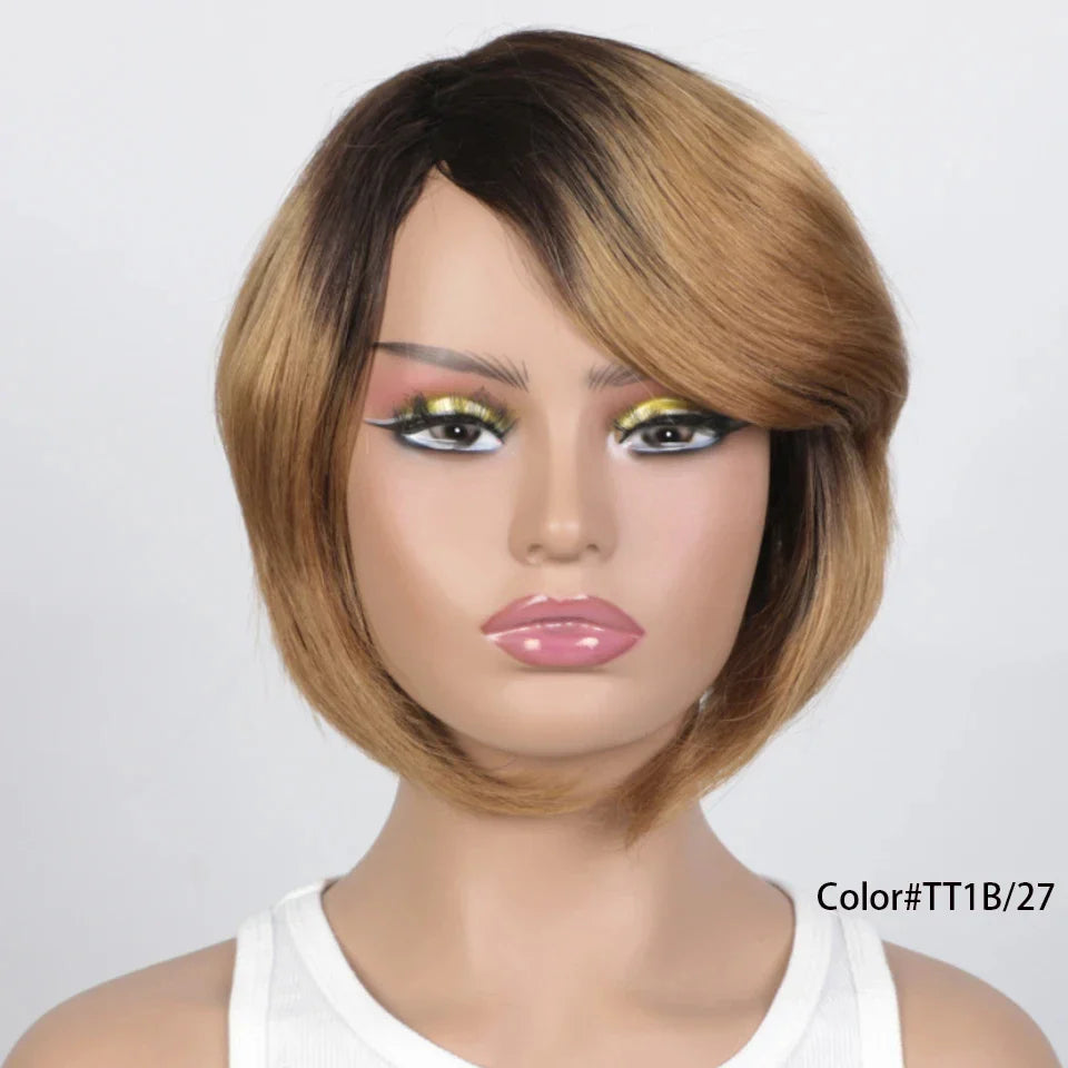 Pixie Cut Bob Wig | Straight Human Hair with Long Side Part Bangs