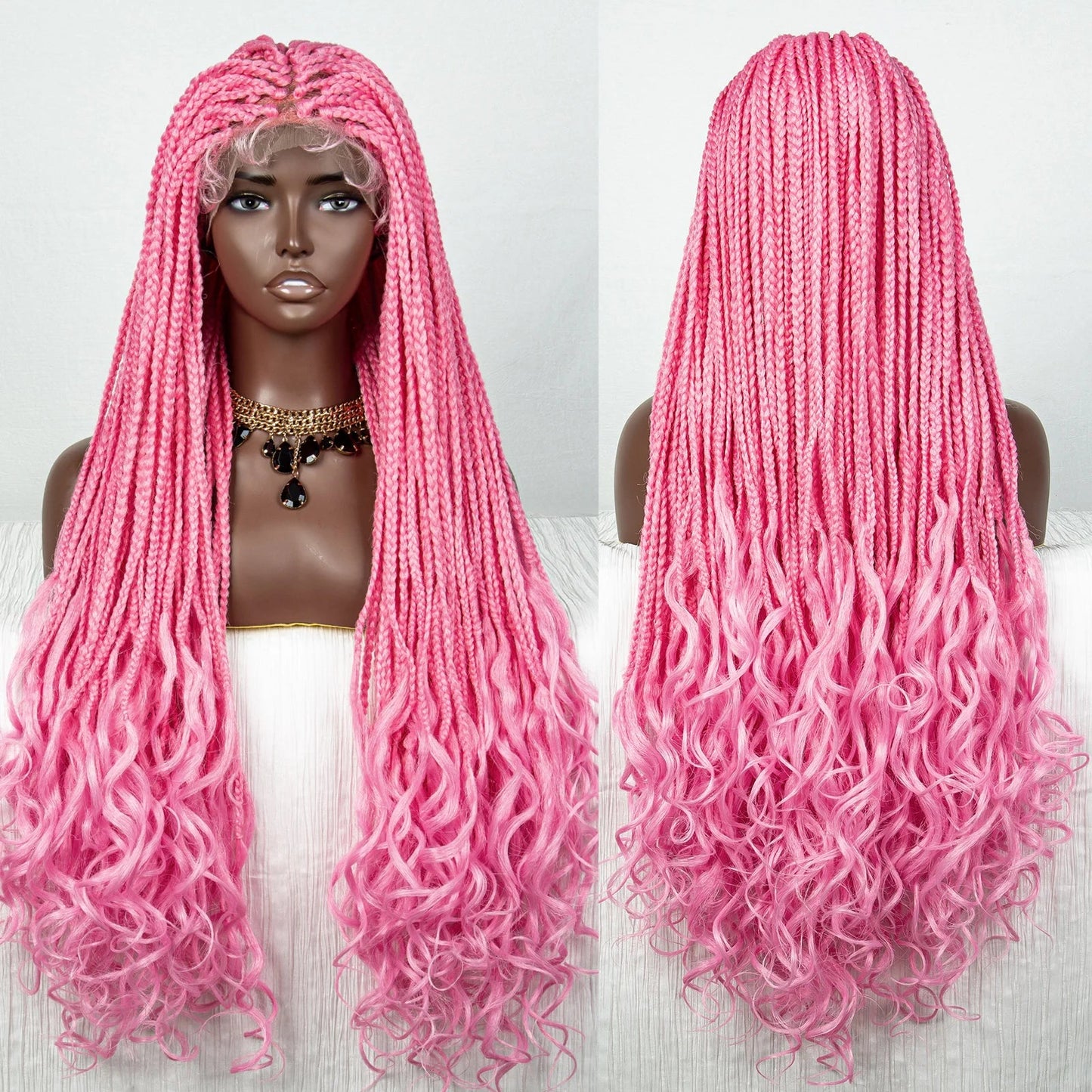 36" Pink & 613 Blonde Braided Wig | Water Wave Ends | Lace Front | Baby Hair
