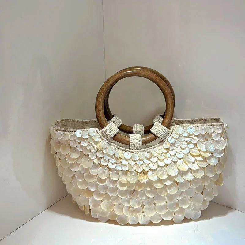 Brand Exquisite Double-sided Shell Handbag | Luxury Handmade Large Capacity Shell Crossbody Clutch Bag (Wooden Handle & Tote)