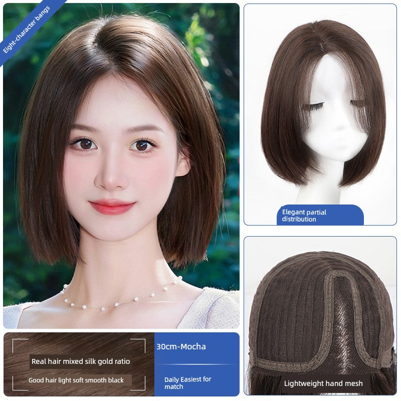 Natural Full-Head Human Hair Wig | Classy Collarbone Length Short Straight Wig with Oblique Bangs for Women (Sweet & Lovely, Elegant Style)