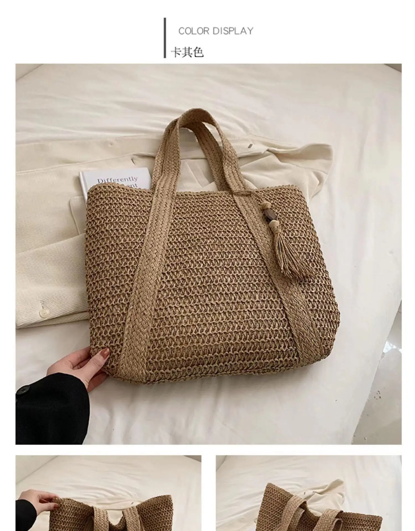 Fashion Straw Summer Large Capacity Tote Bag | Women's Shoulder Bag & Handmade Woven Bag (Fresh Rural Handheld Grass Woven Women Bag)