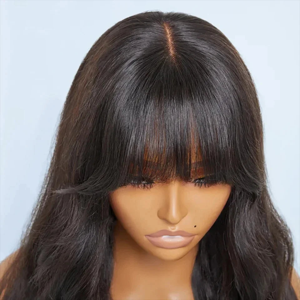 Natural Color 22" Body Wave Wig with Bangs | 180% Density Remy Human Hair Middle Part Lace