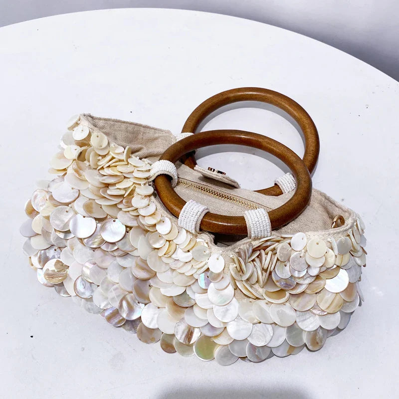 Small Shell Evening Bags for Women | Luxury Designer Handbag Purses & New Canvas Inlaid Acrylic Wooden Handle Chain Shoulder Bag