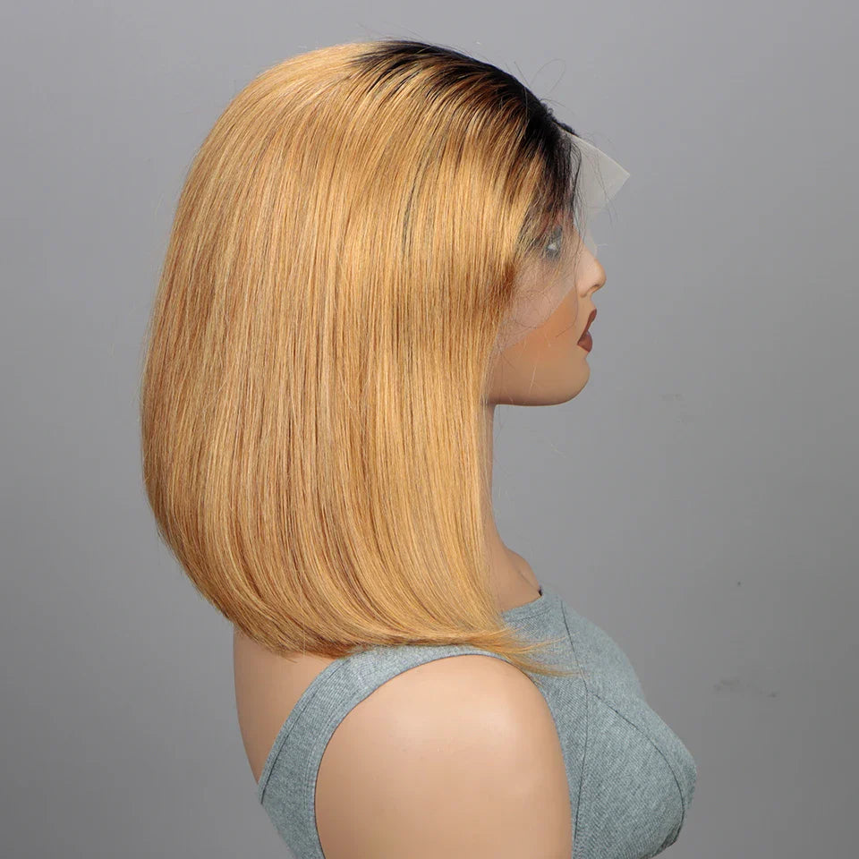 Ombre 1B/99J Burgundy & 1B/27 Honey Blonde Straight Bob Wig | HD Transparent Lace Front Human Hair (Glueless)