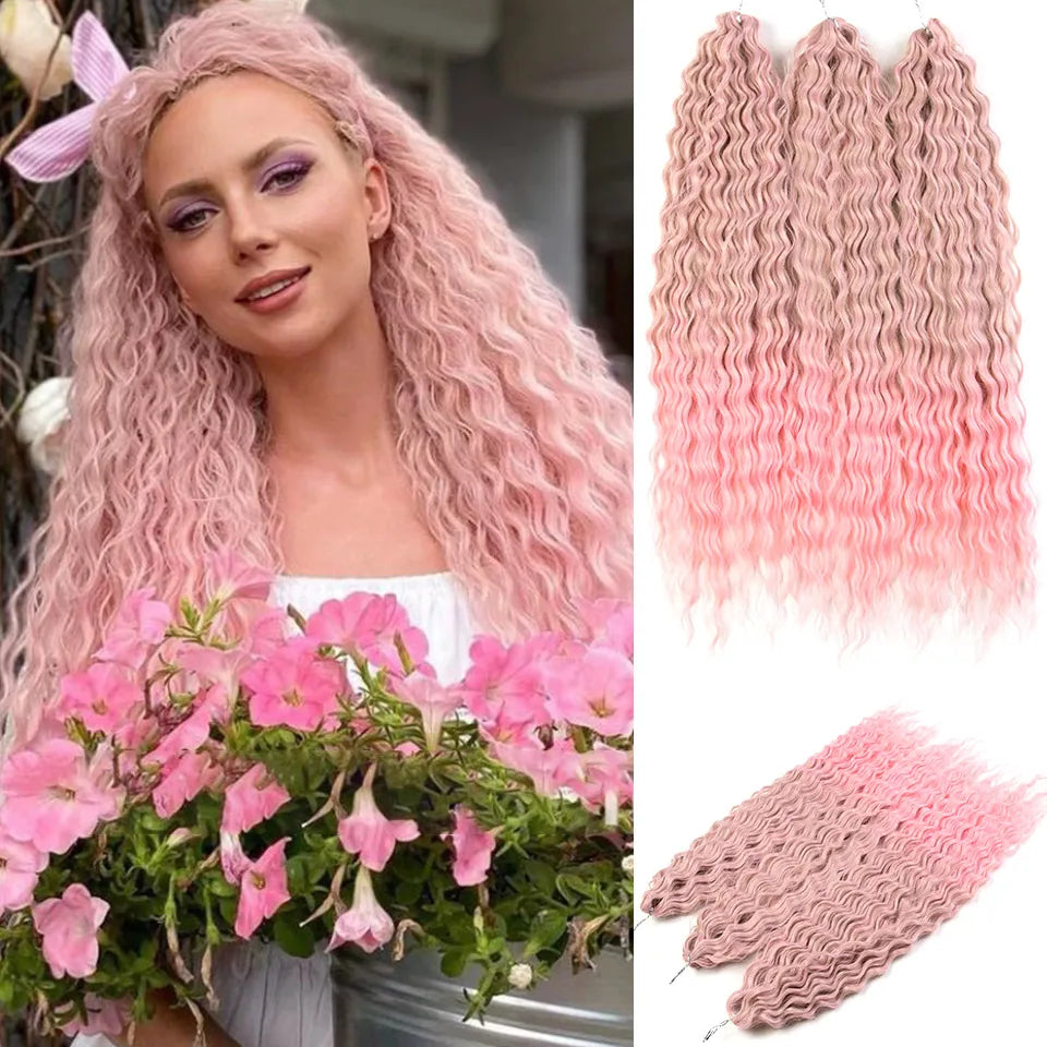 24" Water Wave Crochet Hair | Ombre Blonde Brown | Curly Twist Braids | Synthetic Braiding Hair Extensions | 60 Strands