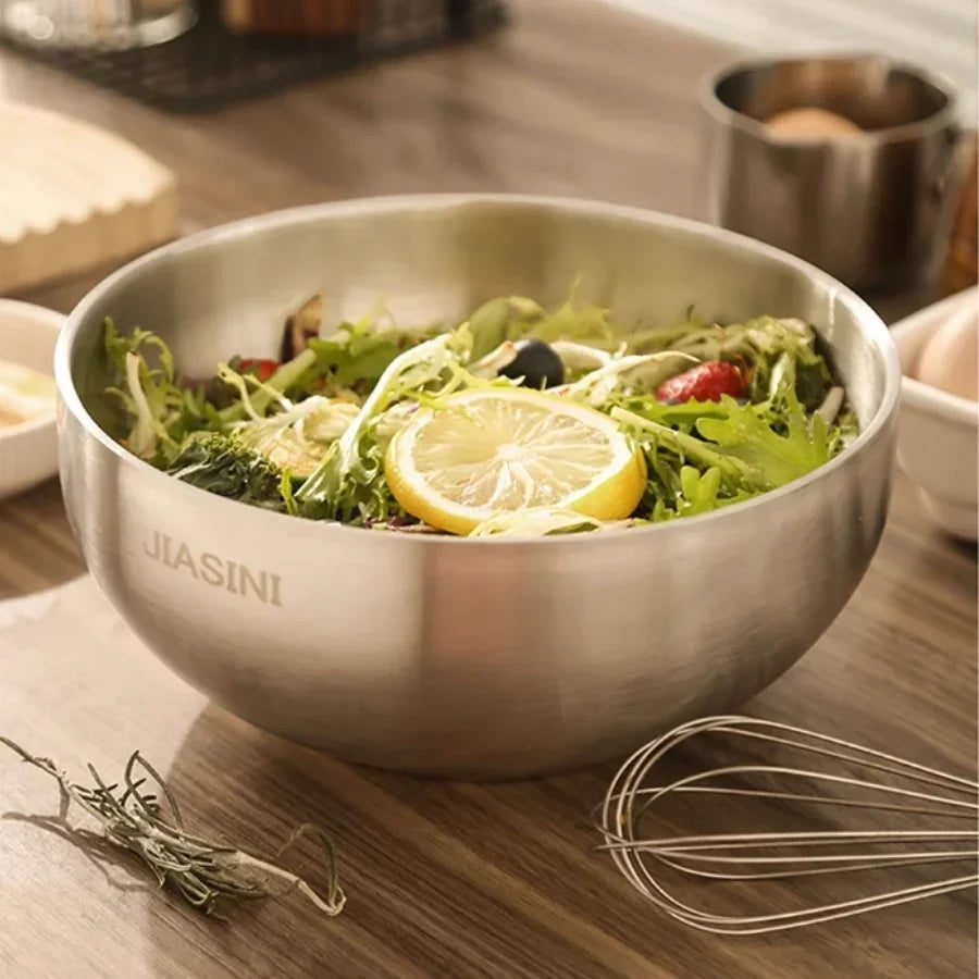 Large capacity stainless steel bowl, double insulation salad fruit bowl, light rice bowl, anti drop Noodles in soup bowl