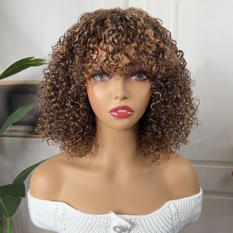 Highlight Honey Blonde Jerry Curly Bob Wig with Bangs | Non-Lace Front Human Hair