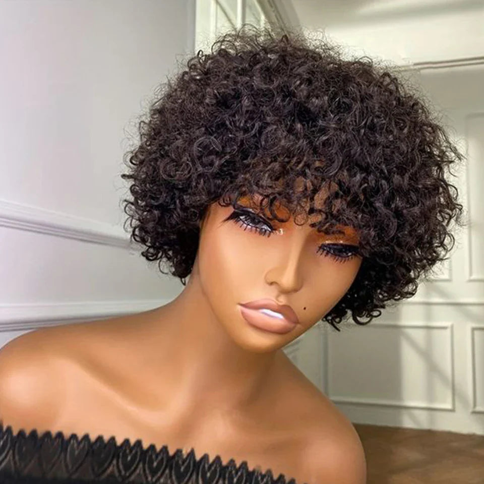 Brazilian Short Pixie Bob Afro Kinky Curly Wig with Bangs | Full Machine Made Human Hair (Natural Brown & 99J)