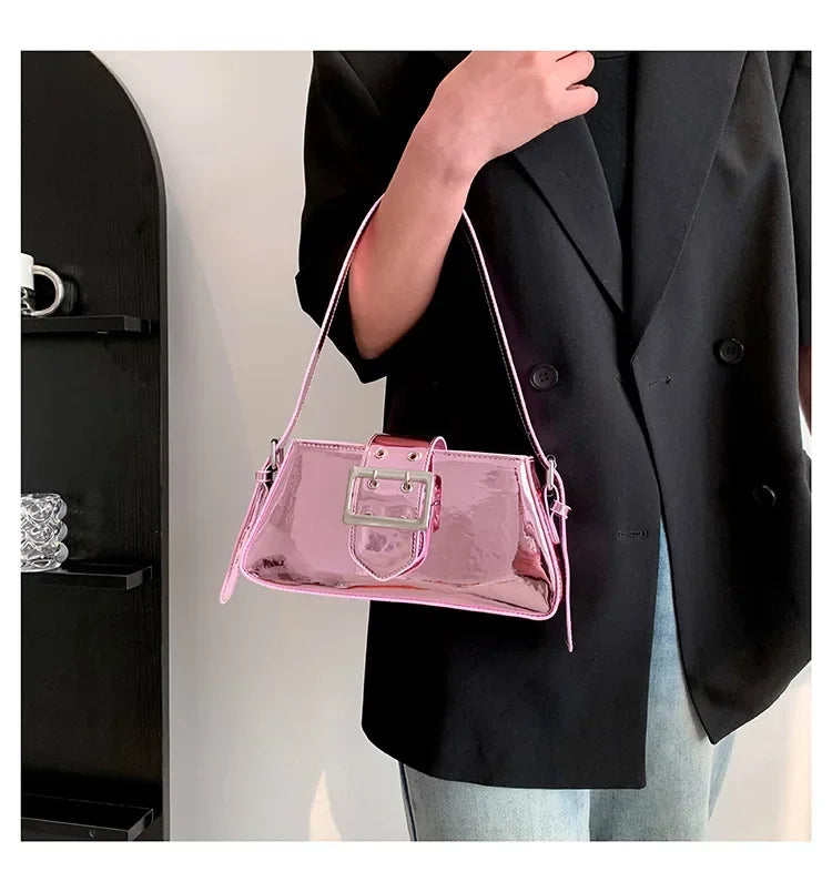 New Luxury Design Women's Glossy PU Leather Armpit Bag | Fashion Party Handbag (Patent Leather Silver Shoulder & Crossbody Bag)