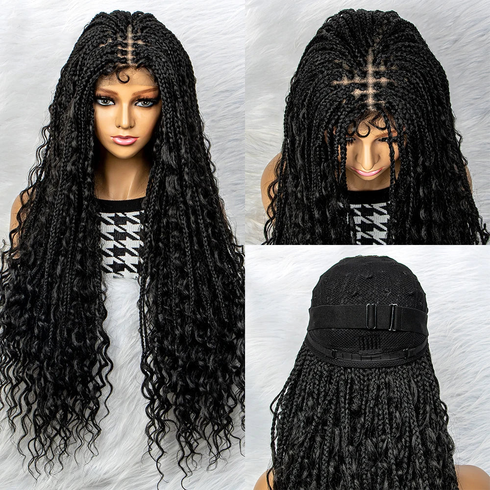 Curly End Box Braids Lace Frontal Wig with Baby Hair | Synthetic Full Lace Braided Wig for Black Women