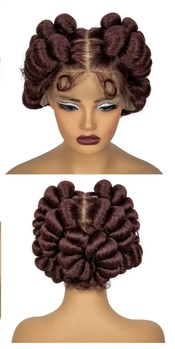 Burgundy Bantu Knotless Braids Wig | Short Handmade Full Lace | Baby Hair