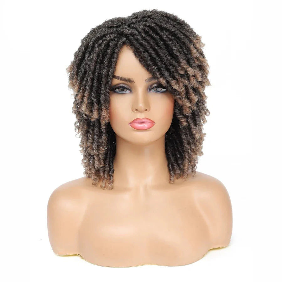 Short Afro Curly Faux Locs Wig | Twist Braids | Heat Resistant | Ombre Brown | Black Women
