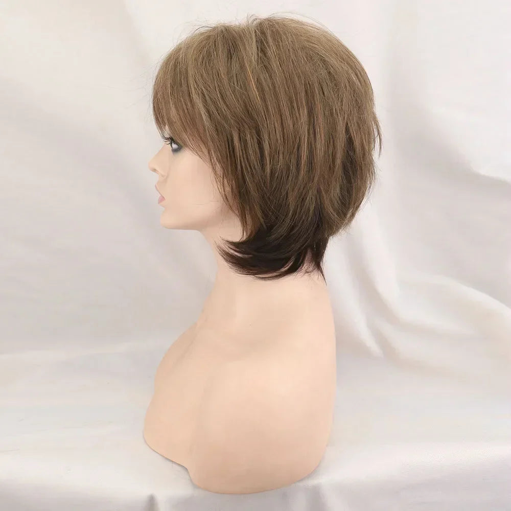 Short Brown Bob Wig with Bangs | Mixed Blonde Synthetic Natural Hair Wig for Women (Soft Mommy Hair, Daily Use)