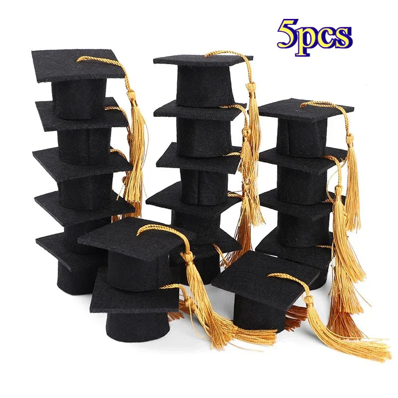 5/10pcs Felt Bachelor Hat with Tassels for Graduation Party DIY Decoration Wine Bottle Topper Graduate Mini Cap Candy Gift Boxes