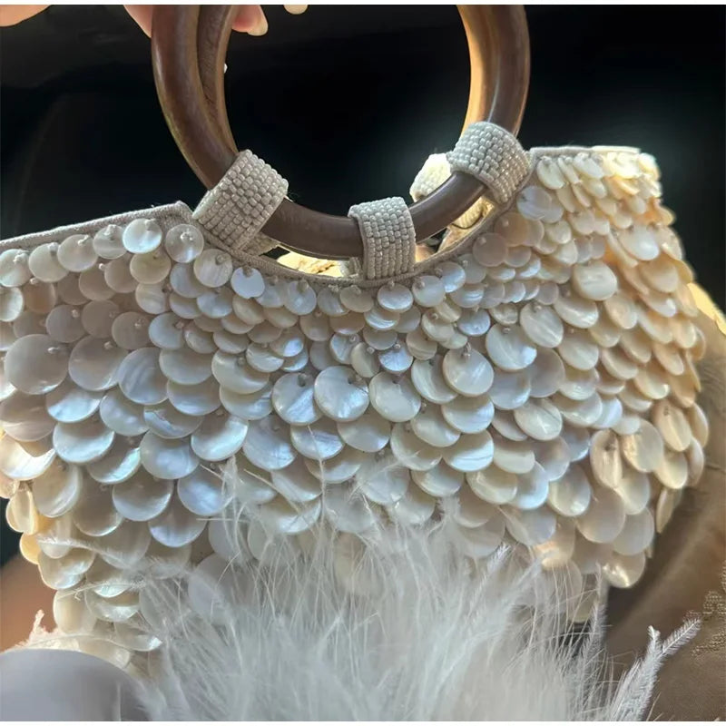 Designer Women's Pearlescent Inlay Half Moon Crossbody Bag | Exquisite Shell Beaded Handbag with Sequin & Wooden Handle Tote