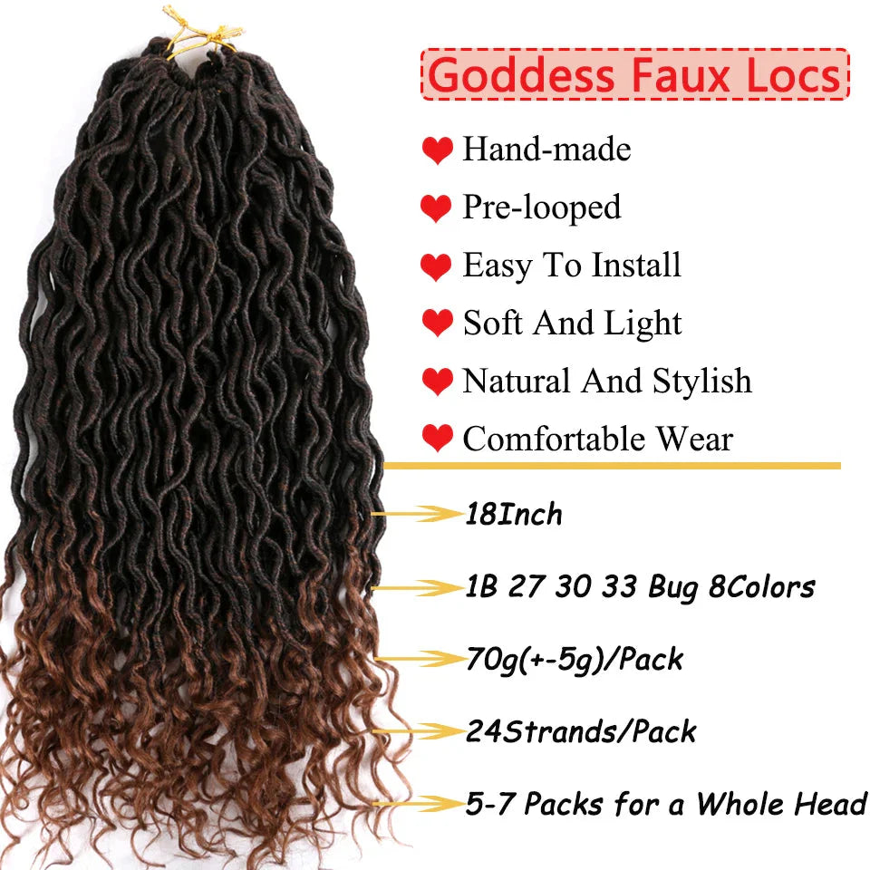Goddess Faux Locs Crochet Hair | 18" Soft Curly Braids | Ombre Dreadlocks Extensions | 24 Strands/Pack