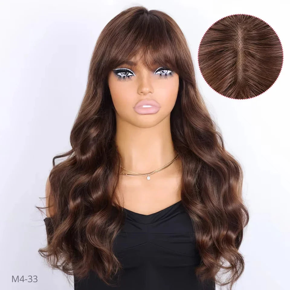 Natural Color 22" Body Wave Wig with Bangs | 180% Density Remy Human Hair Middle Part Lace