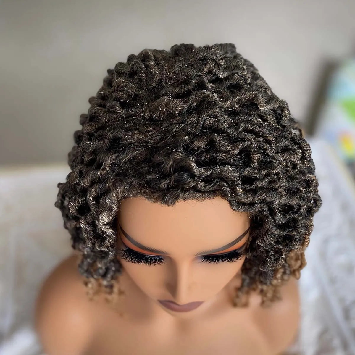 Short Goddess Faux Locs Wig | Brown Highlight Dreadlock Wig | Afro Braided Crochet Wig | Synthetic Hair