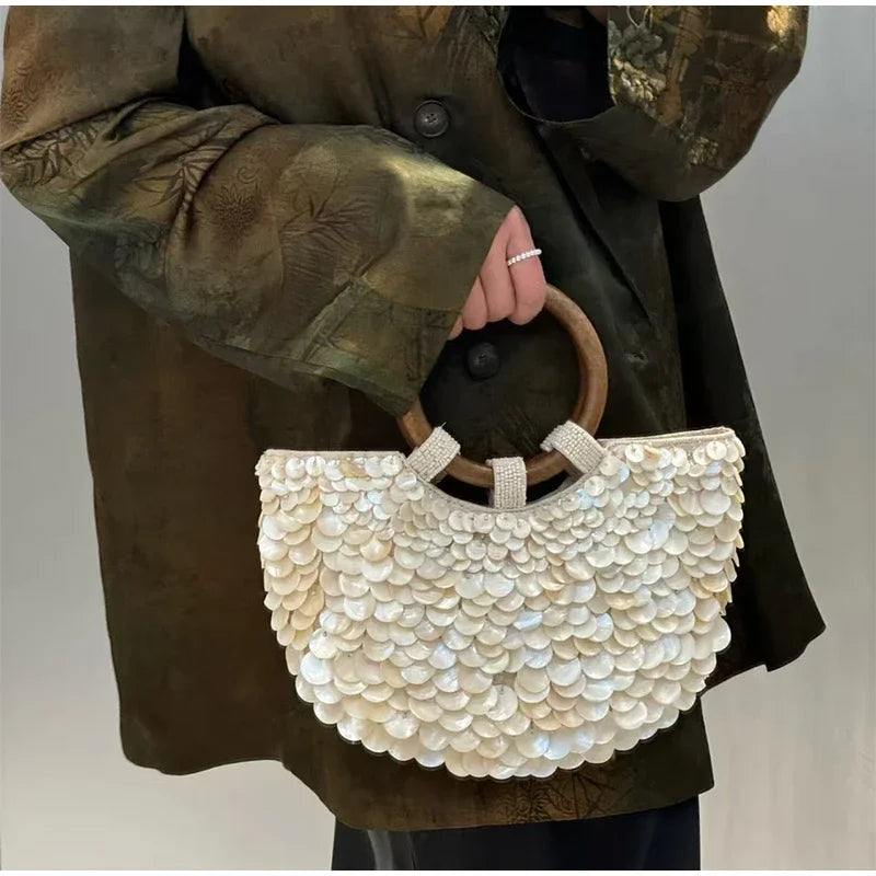 Fashion High-End Shell Bag | Niche Design Pearl Inlay Half-Moon Bag & Handmade Shell Beaded Handbag (New Versatile Crossbody)