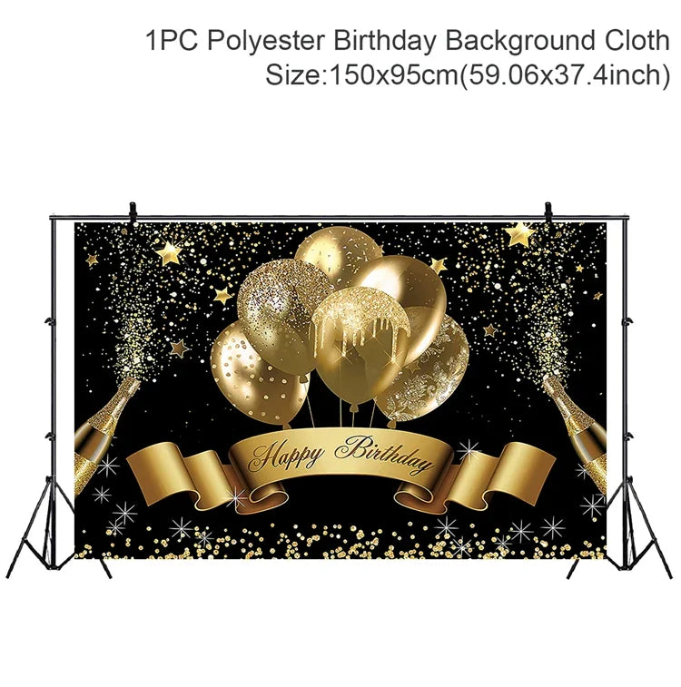 Gold Glitter Happy Birthday Party Backdrop For Photo Black  Happy Birthday Adult Theme Party Decoration Supplies DIY Backdrops