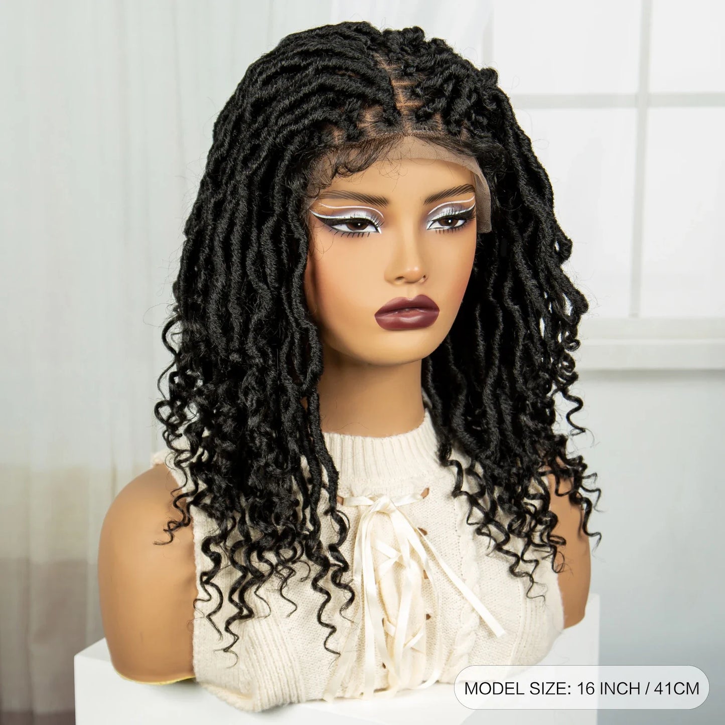 Curly Ends Dreadlock Braided Wig | Synthetic Lace Front Goddess Locs Braid Wig with Baby Hair | Faux Locs Wig for Black Women