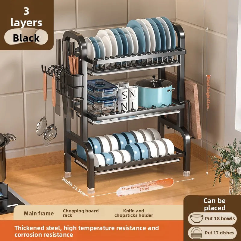 black Multi-level dish drain, dish drying rack, dish drain, large rust-proof dish drain with kitchen utensils stand