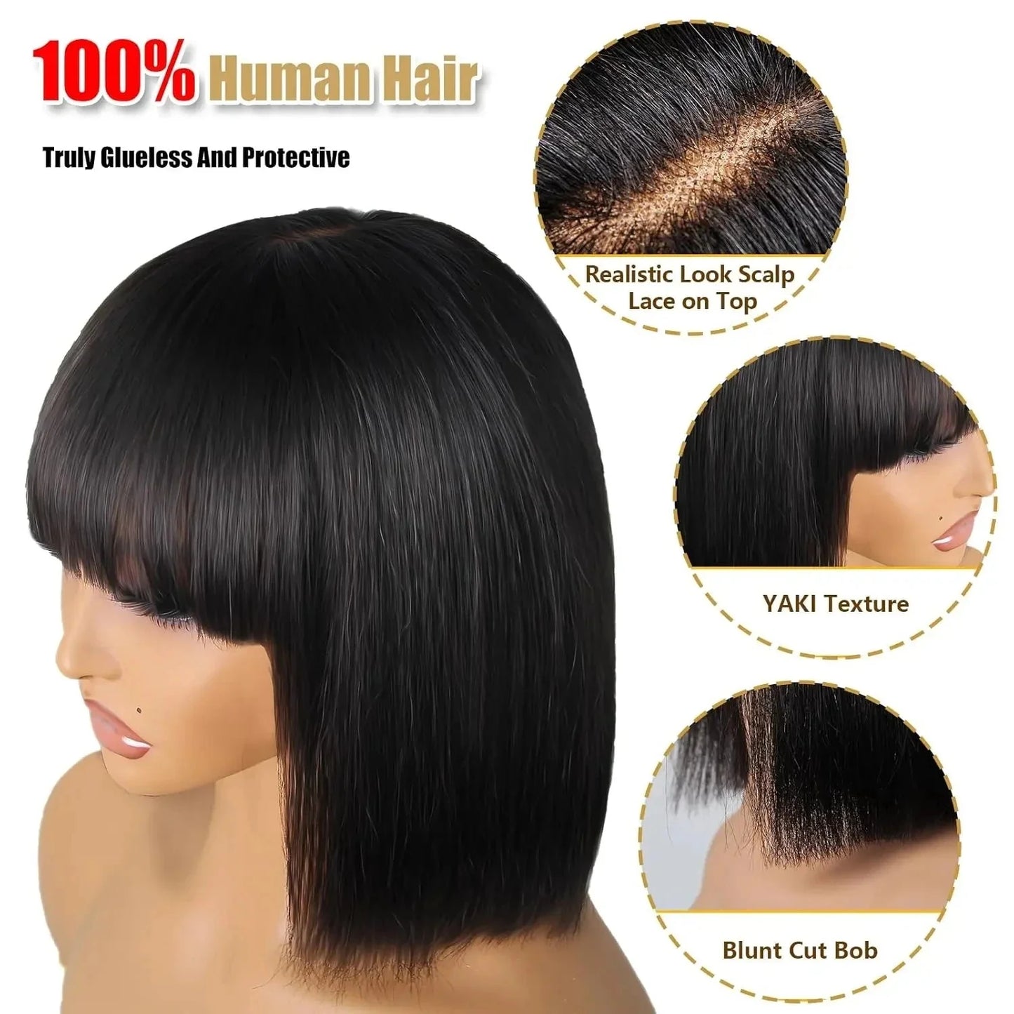 Brazilian | Remy | 100% Human Hair | Natural | Black | Put On and Go | Realistic | Glueless | Transparent | Yaki Straight | Bob with Bangs